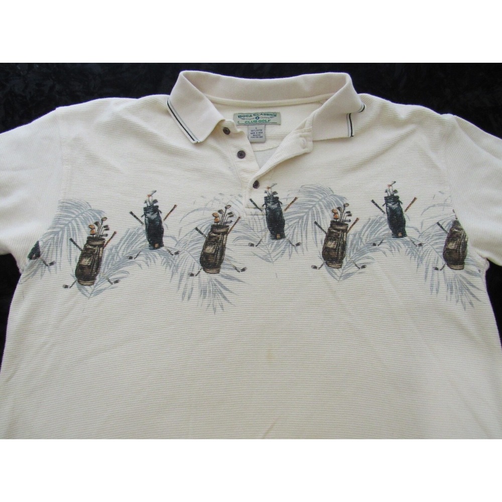 Vintage Boca Classics Club Beige Graphic Golf Polo Shirt Golfing Design Large